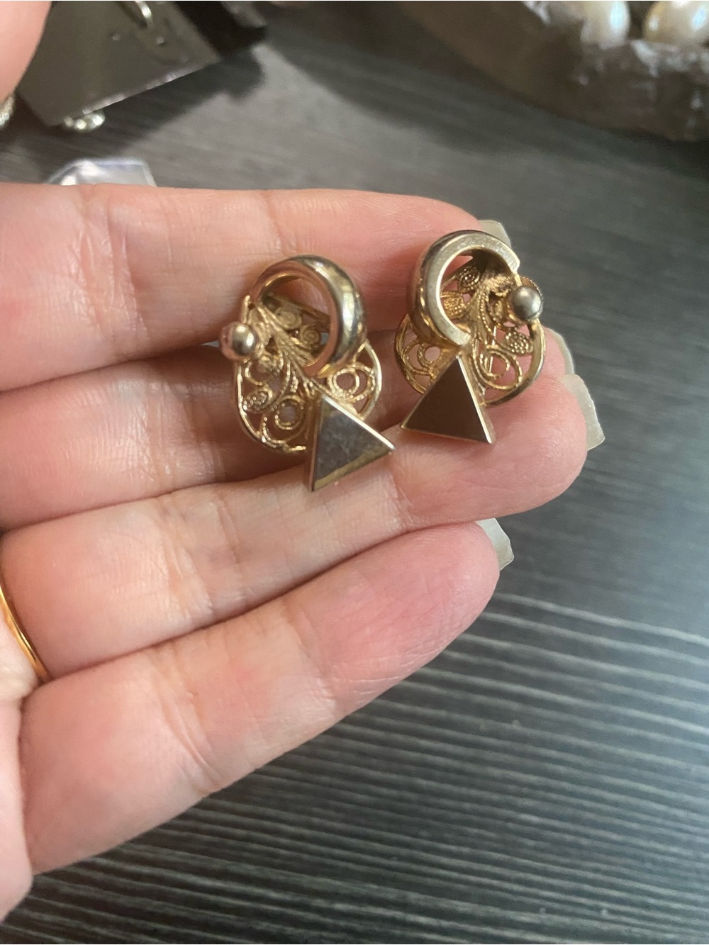Gold Filigree Triangle Drop Earrings - Women's Gold Tone vintage